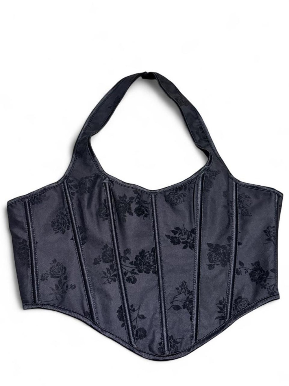 Black Floral Satin Halter Corset Top by